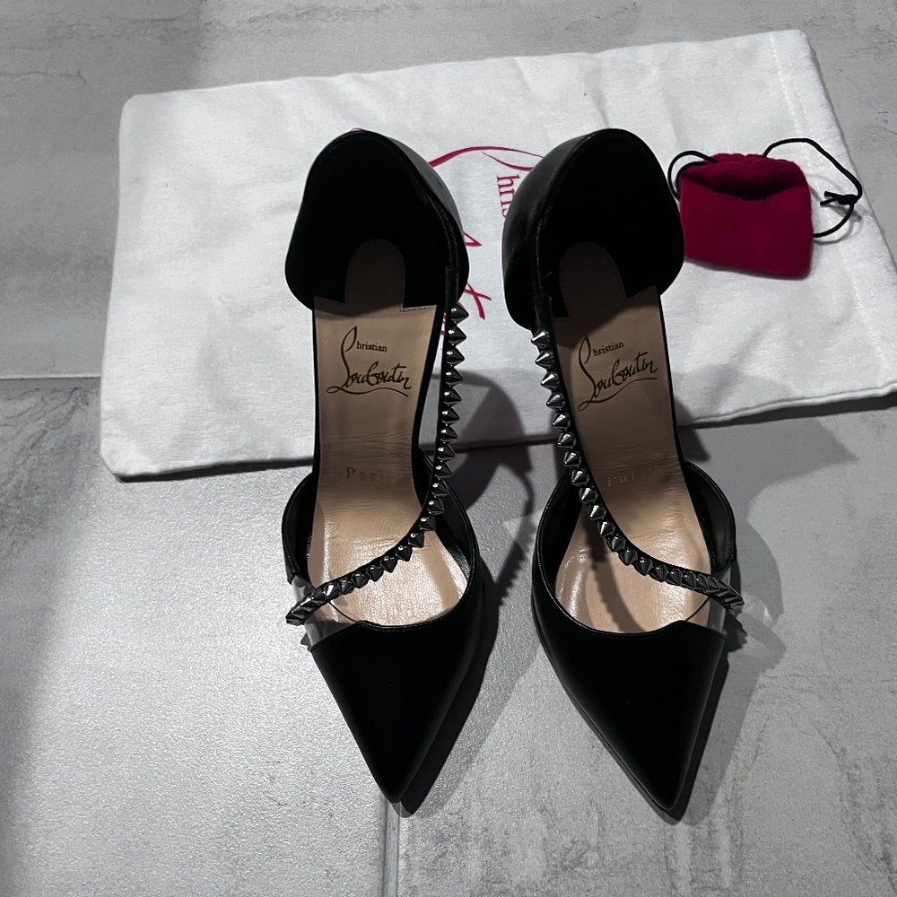 Christian Louboutin Spike Cross 100 Black PVC Silver Criss Strap Heel Pump 35.5